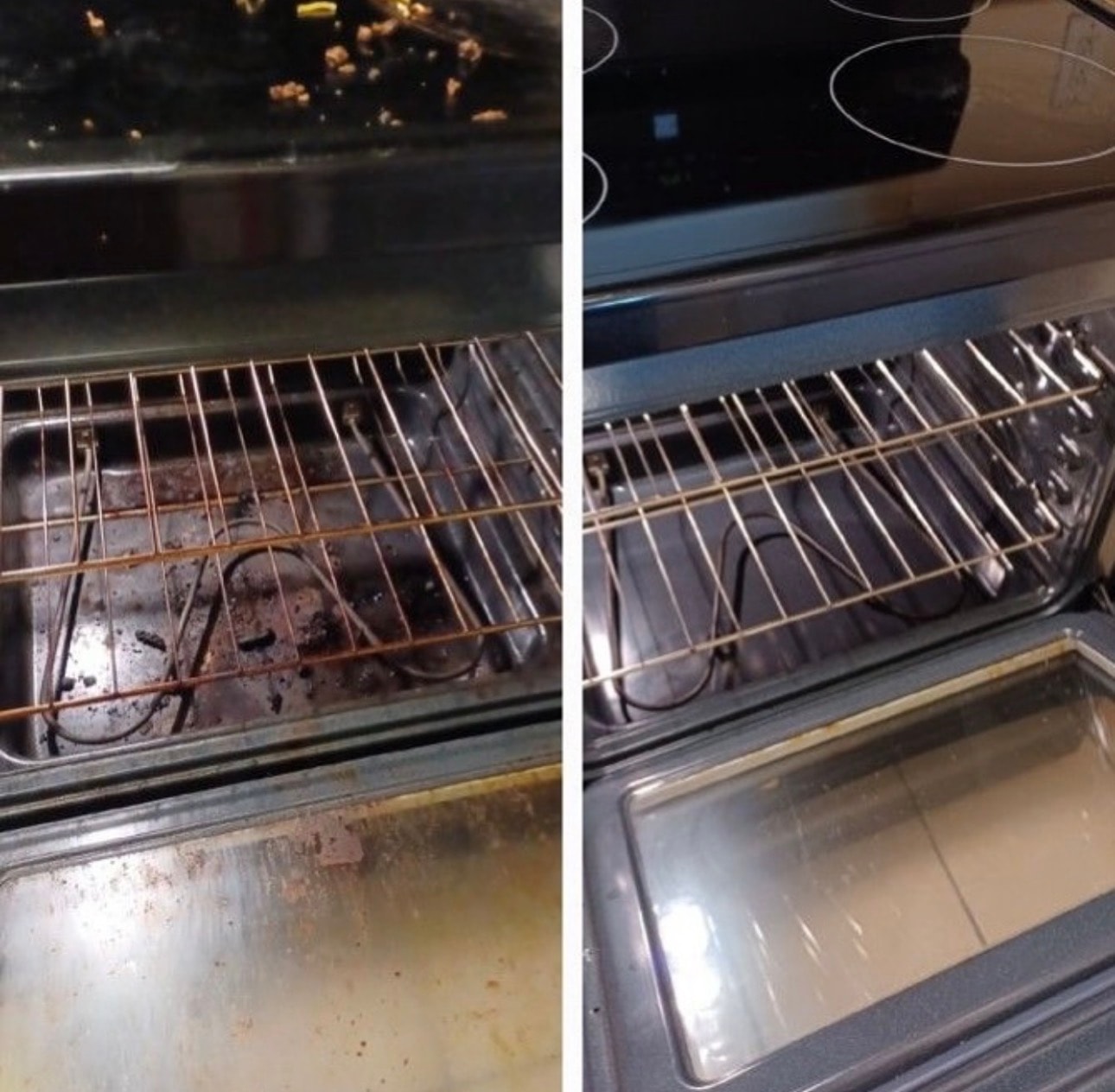 Oven interior before and after deep cleaning service